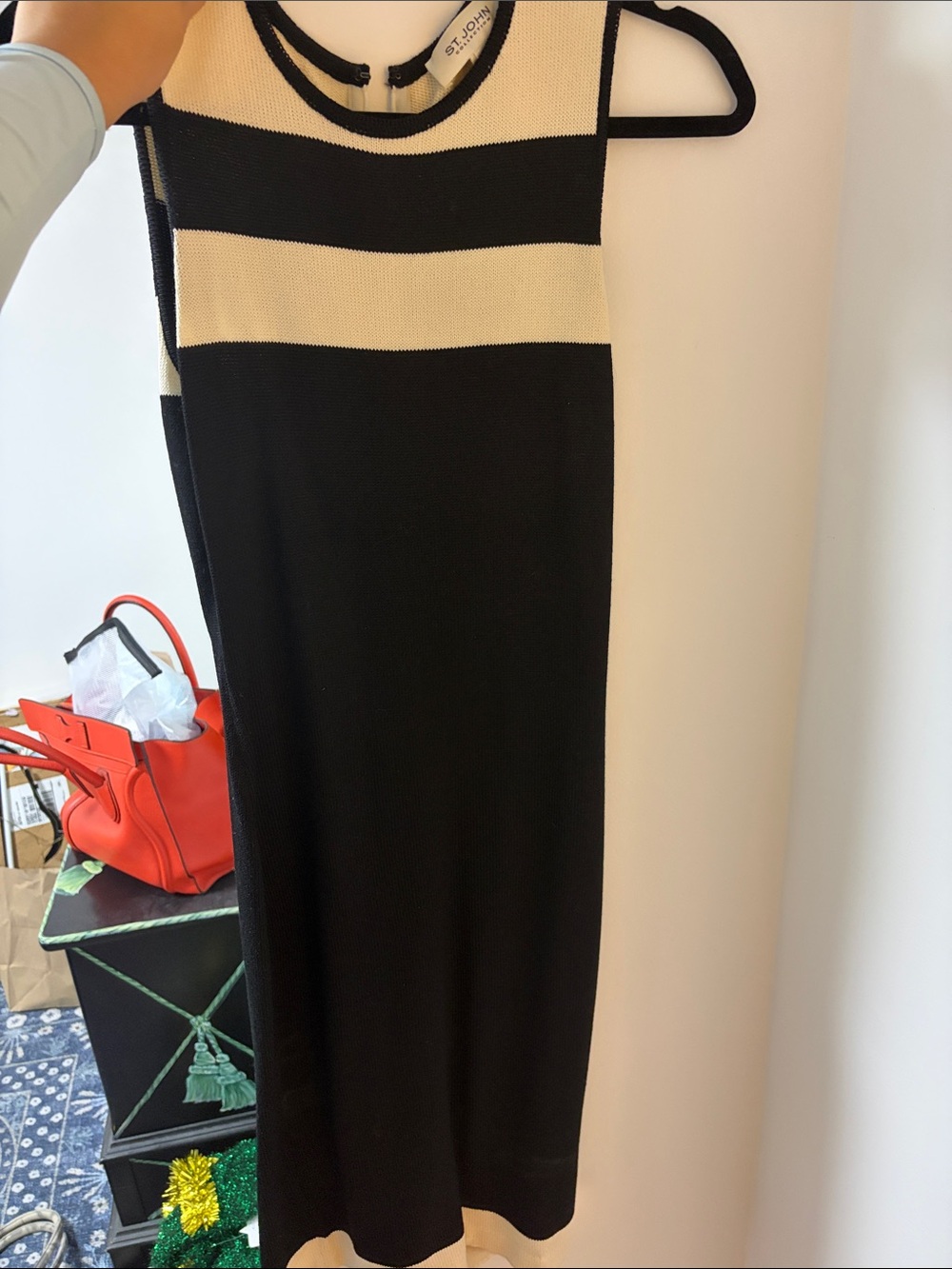 St. John Black and Cream Sleeveless Midi Knit Dress